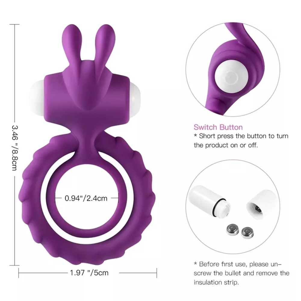 LOVE MOMENT Rabbit Titreşimli Klitoris Uyarıcı Testis ve Penis Halkası Cock Ring - Siyah