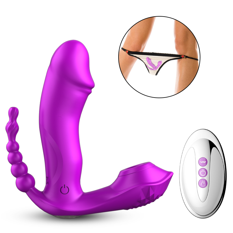 Cute M6 - Şarjlı Uzaktan Kumandalı Isıtmalı G-Spot ve Klitoris Emiş Uyarıcı Giyilebilir 3 in 1 Yapay Penis Anal Vibratör