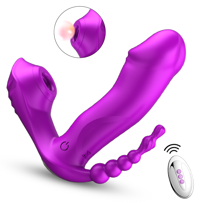 Cute M6 - Şarjlı Uzaktan Kumandalı Isıtmalı G-Spot ve Klitoris Emiş Uyarıcı Giyilebilir 3 in 1 Yapay Penis Anal Vibratör