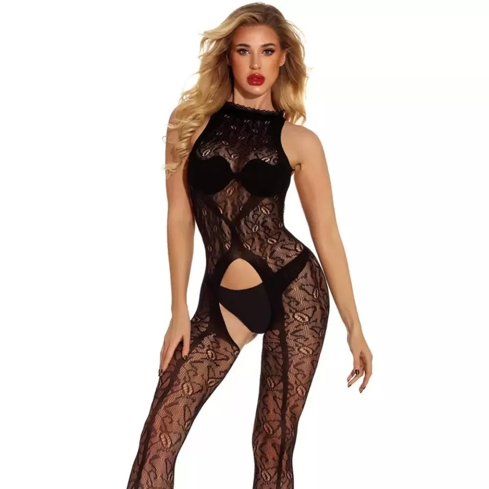 Erotic Bodystocking Seksi Askılı Sırtı ve Ağı Açık Desenli Vücut Çorabı